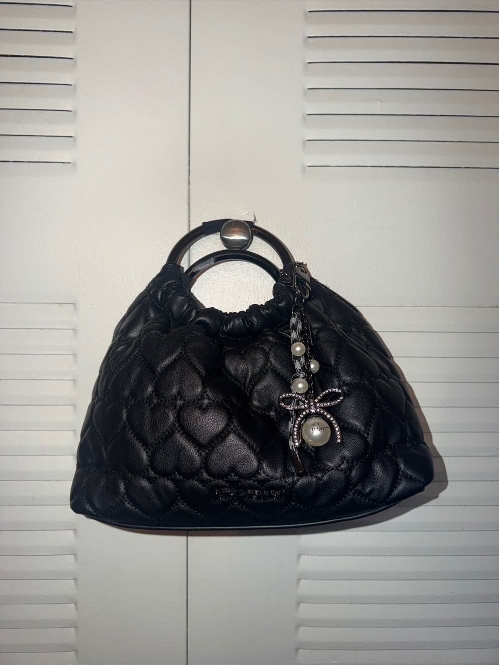 Quilted Heart-Pattern Mini Top-Handle Bag in Black